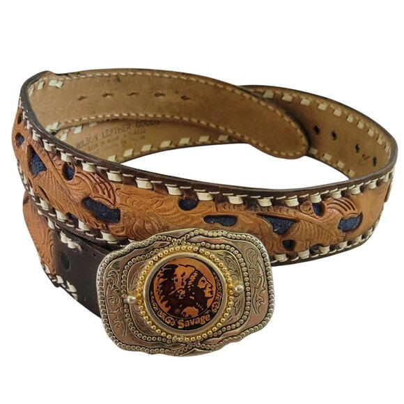 VTG Wilson's Leather Goods Western Tooled Leather Belt Indianhead Buckle Savage - Picture 1 of 16